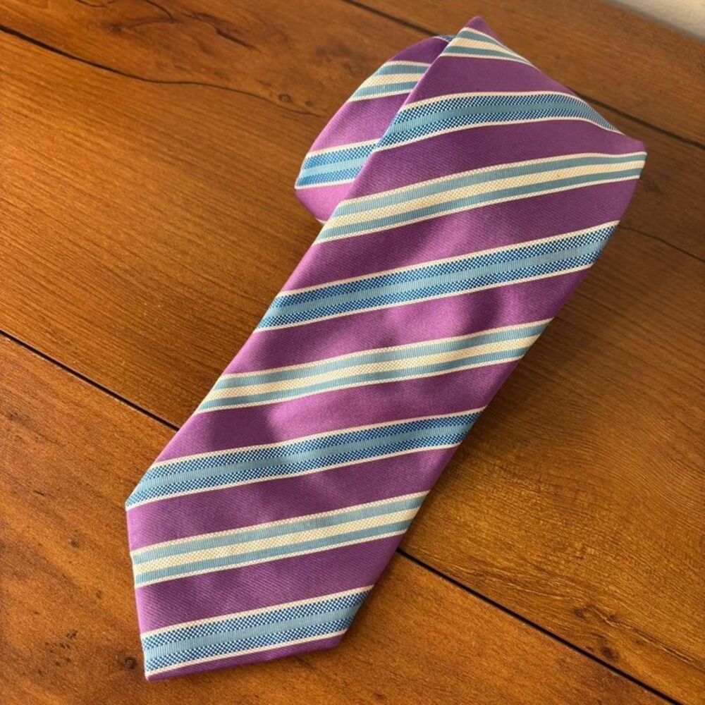 Canali 1934 Necktie Purple Blue White Stripe 100% Silk Made in Italy